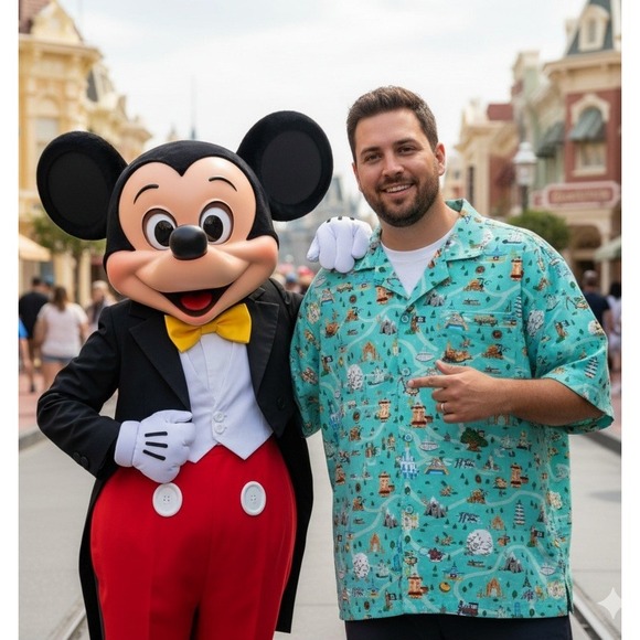 Disney Parks Life Exclusive Woven Button Down Camp Shirt Attractions Mens Sz XXL - Picture 1 of 13